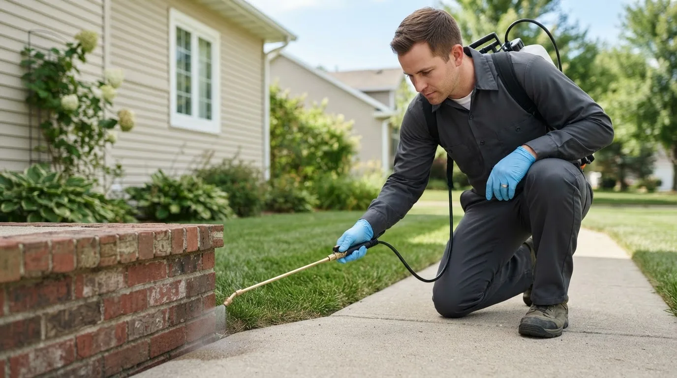 Pest control technician treating a home near Maeystown, IL