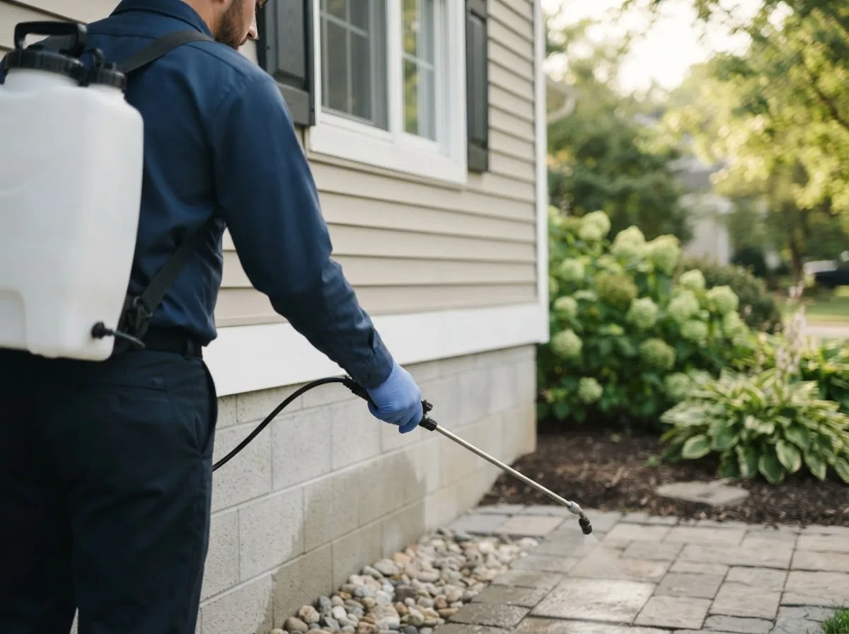 Pest control technician inspecting a home in Maeystown, IL